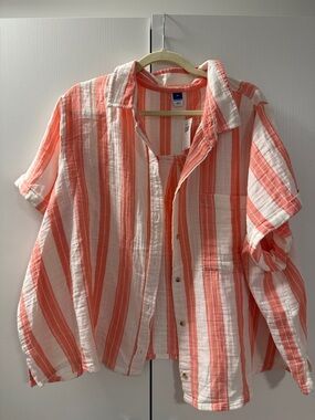 Old Navy Coral and White Vertical Stripe Shirt